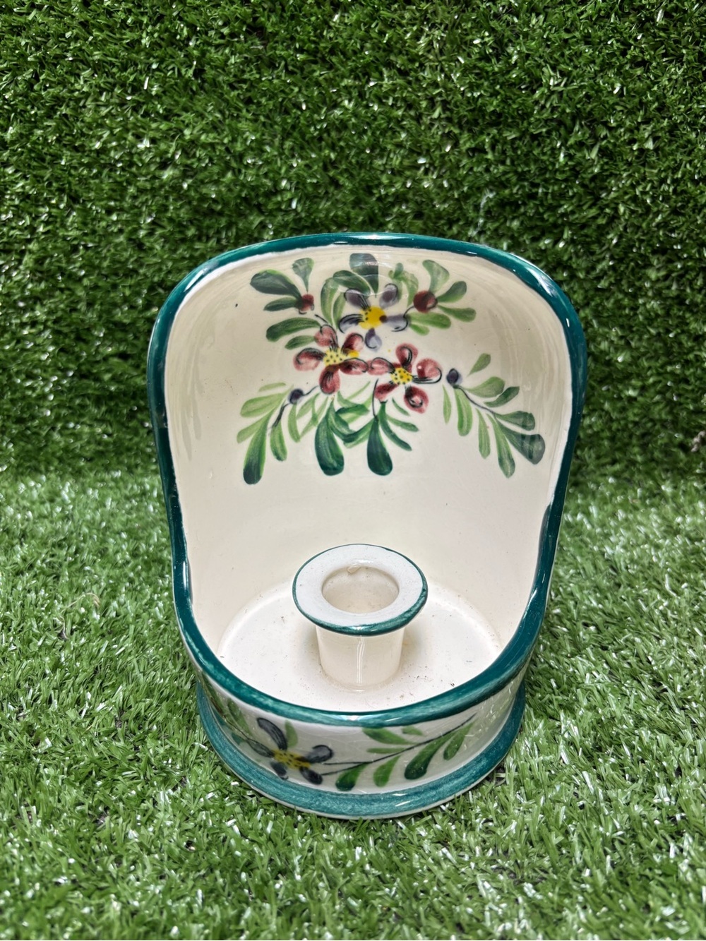 Hand-Painted Floral Ceramic Wall Pocket Candle Holder - Green Trim